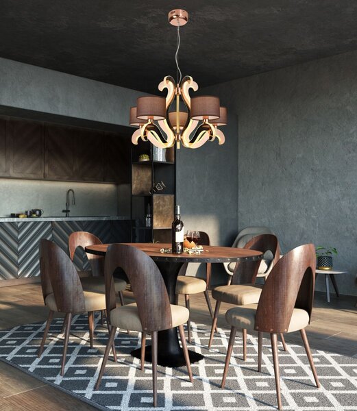 Päťramenné závesné svetlo AMBROSIA - 5xE14, 40W + LED 43,4W, 2800K (teplá biela), medené