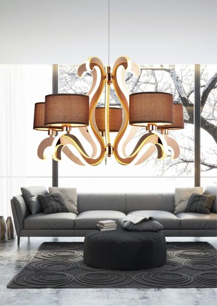 Päťramenné závesné svetlo AMBROSIA - 5xE14, 40W + LED 43,4W, 2800K (teplá biela), medené