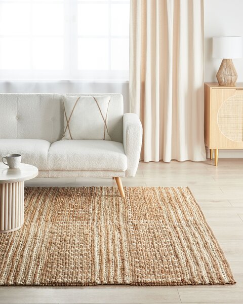 Koberec béžový jutový 200 x 300 cm ručne tkaný s pruhovaným vzorom boho obývacia izba spálňa