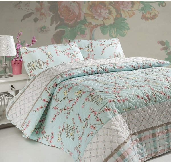 Prešívaný set prikrývky a obliečky na vankúš v mentolovej farbe 240x220 cm Birdcage – Mijolnir