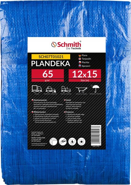 Plachta z tkaniny, 12x15 metrov, 65 g/m², vodotesná, odolná proti trhlinám, stavebná plachta, ochranná plachta, záhradná plachta s okami. Schmith