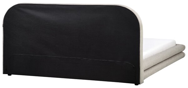 Posteľ sivobéžová látkové čalúnenie umelý ľan 180 x 200 cm čierne nohy s čelom lamelový rám moderný štýl spálňa