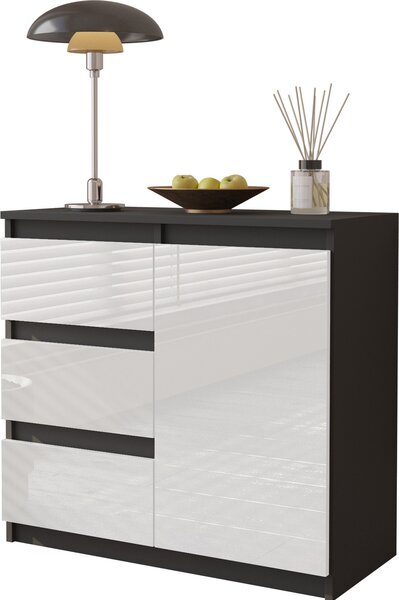 FURNICA - MIKEL - Komoda s 3 zásuvkami a 1 dvierkami - antracitovo sivá / biely lesk V75cm Š80cm H35cm