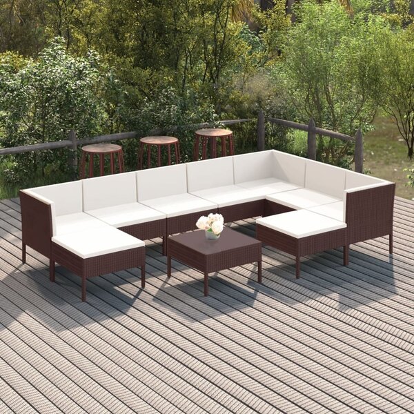 Maison Exclusive – 10-dielna záhradná súprava s vankúšmi z polyrotangu v hnedej farbe