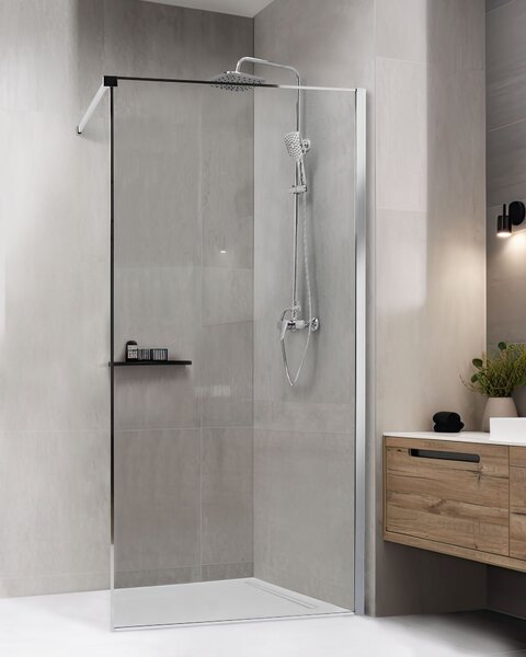 Sprchová zástena strieborná z tvrdeného skla 100 x 190 cm rám z nerezovej ocele bezdverový bezbariérový sprchovací kút moderný štýl kúpeľňa