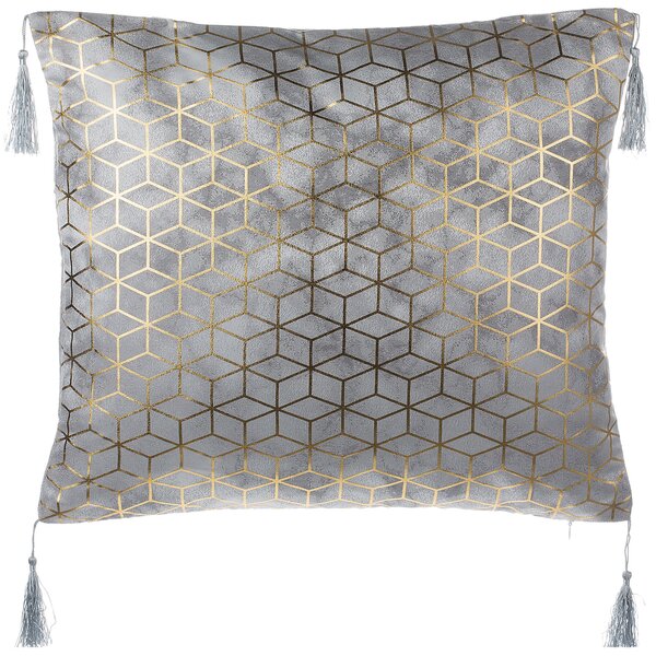 Sada 2 dekoratívnych vankúšov strieborný žakárový vzor kocky 45 x 45 cm s geometrickou potlačou a strapcami