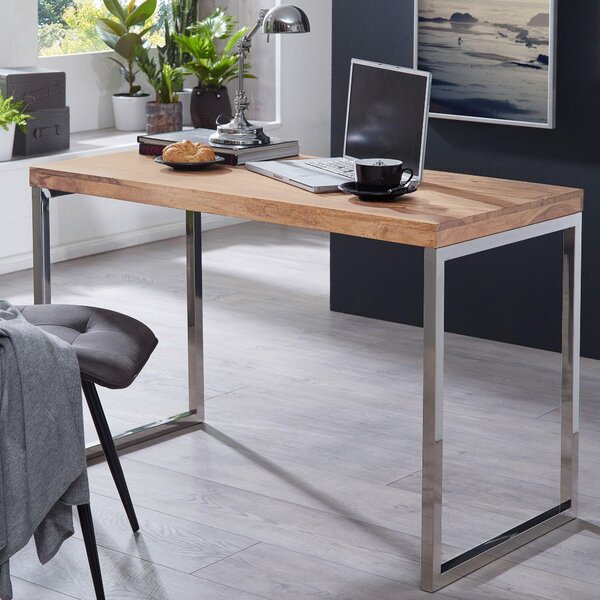 FineBuy Písací stôl z masívneho akáciového dreva, poítaový stôl 120 x 60 cm, stôl na notebook, stôl v týle vidieckeho domu s kovovými nohami, sheesham // akácia