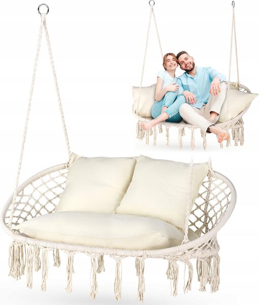 Outtec® Závesné kreslo XXL s vankúšom - do 200 kg, 2-miestne - závesné kreslo - závesný kôš, záhradná hojdačka, hojdačka na záhradu, terasu, balkón