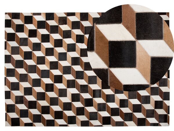 Koberec hnedý kožený 140 x 200 cm hovädzia koža 3D patchworkový vzor ručne vyrobený obdĺžnikový moderný