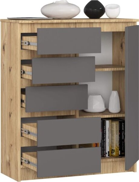 BDW - Komoda 5 zásuviek, obývacia izba, predsieň 80x97x35, dub Artisan / sivá