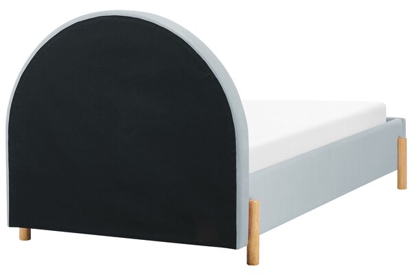 Posteľ svetlomodrá zamatová čalúnená 90 x 200 cm minimalistický retro dizajn zaoblené čelo postele