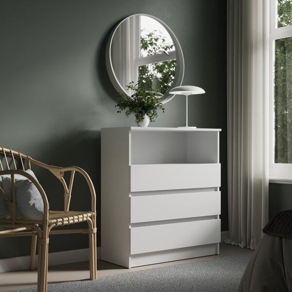 Domov Kolektív Komoda Sideboard Komoda so zásuvkami | veľa úložného priestoru s 3 zásuvkami a 1 otvoreným priestorom Komoda so zásuvkami | moderný nábytok do spálne, obývačky, predsiene a kancelárie | 76x87x35 cm | biela