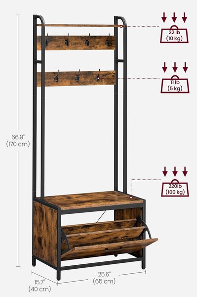 SONGMICS Předsíňový věšák s botníkem Vasagle Gregor 65 cm hnědo-černý