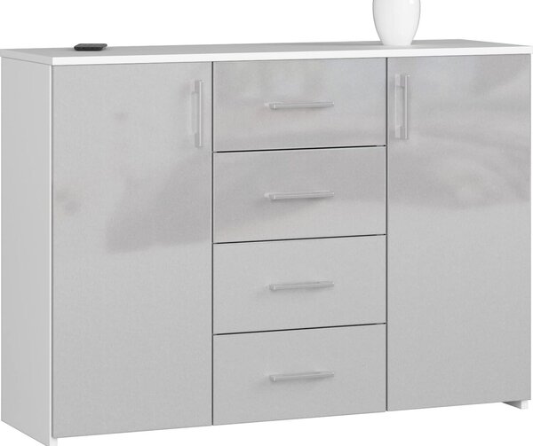 BDW Komoda s vysokým leskom, 4 zásuvky, 2 dvierka, 110x80 cm, bielo-sivá