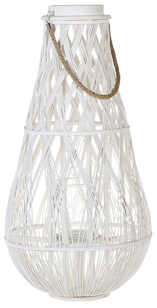 Lampáš biely bambusové drevo 77 cm izbový vonkajší so skleneným držiakom na sviečku škandinávsky boho