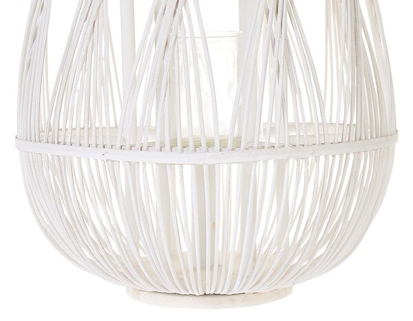 Lampáš biely bambusové drevo 77 cm izbový vonkajší so skleneným držiakom na sviečku škandinávsky boho