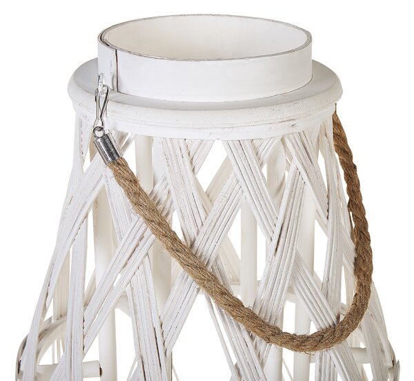 Lampáš biely bambusové drevo 77 cm izbový vonkajší so skleneným držiakom na sviečku škandinávsky boho