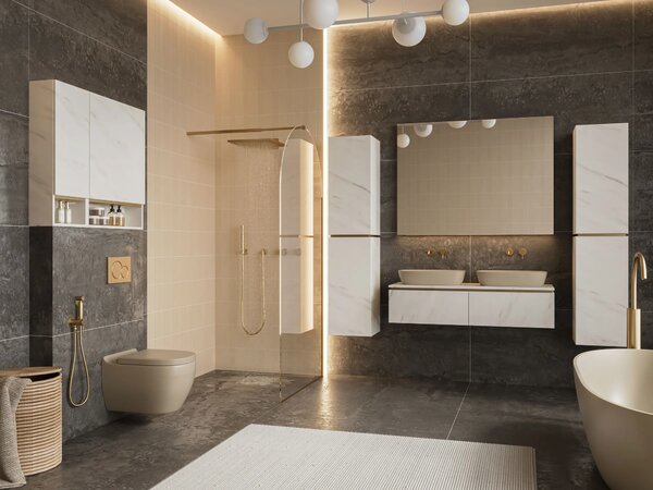 Szynaka Vysoká koupelnová skříňka s košem na prádlo Letto 06 bílý mramor/zlatá