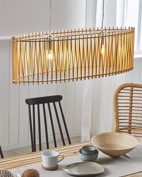 Závesná lampa svetlé drevo priehľadná preglejka kov matný povrch boho moderný štýl obývačka jedáleň
