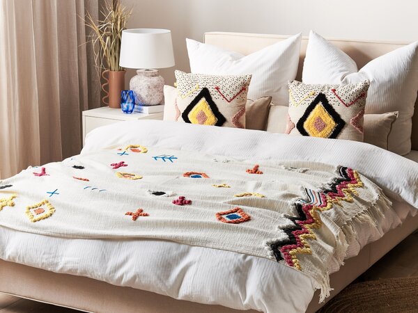 Prikrývka viacfarebná bavlnená 130 x 180 cm ručne vyšívaná so strapcami deka v boho štýle