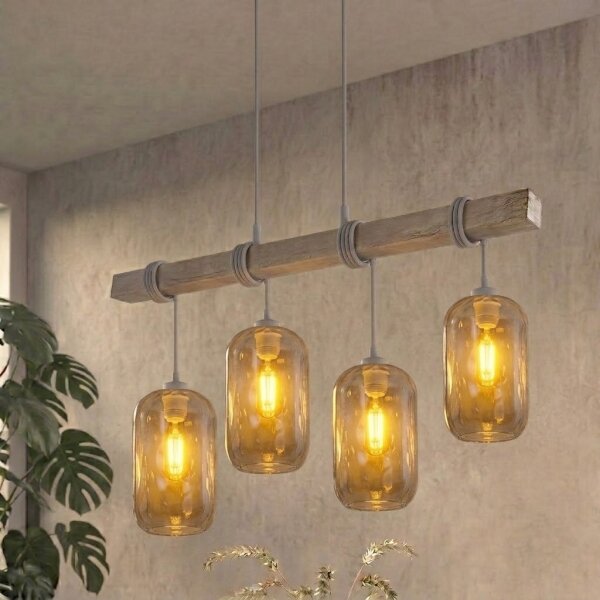BRILAGI - Závesný luster na lane WOOD GLASS 4xE27/60W/230V borovica/sivá/dymovo-sivá