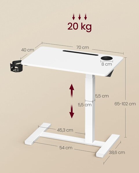 SONGMICS Výškovo nastaviteľný odkladací stolík Vasagle Elev 70 cm biely
