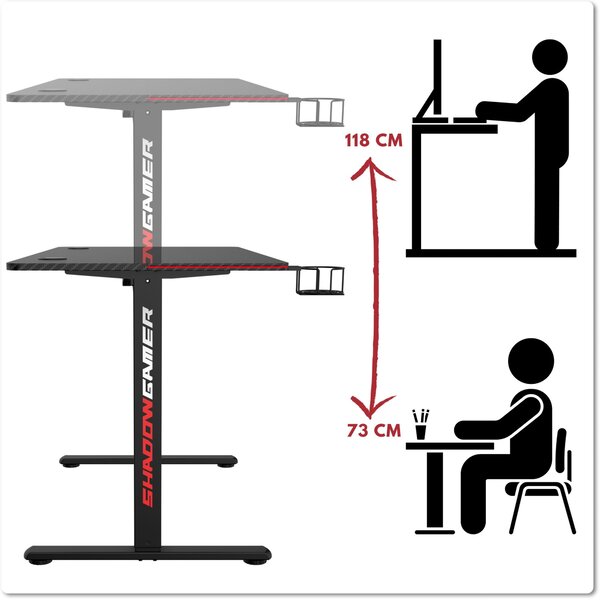 TZB Výškovo nastaviteľný elektrický herný stôl SHADOW GAMER 2.0 LED RGB 120 cm čierny