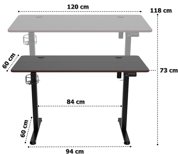 TZB Výškovo nastaviteľný elektrický herný stôl SHADOW GAMER 2.0 LED RGB 120 cm čierny