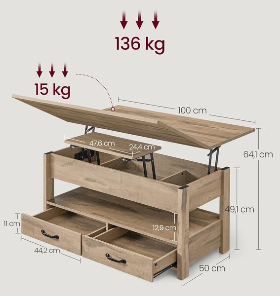 SONGMICS Výškově nastavitelný konferenční stolek Vasagle Kryo 100 cm camel hnědý