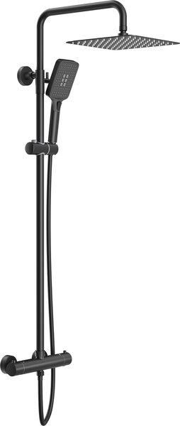 Sprchový systém Rainsworth s termostatom, 25 cm štvorcová dažďová sprcha z nehrdzavejúcej ocele, 3 režimy prúdu, sprchová súprava 92-126 cm, čierna