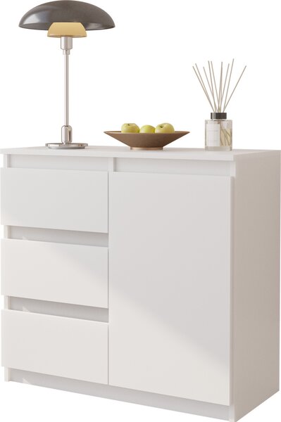 FURNICA - MIKEL - Komoda s 3 zásuvkami a 1 dvierkami - biela matná V75cm Š80cm H35cm