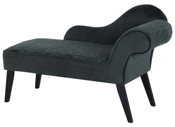 Leňoška zelená zamatová čalúnená tmavé drevené nohy pravostranná retro elegantný dizajn