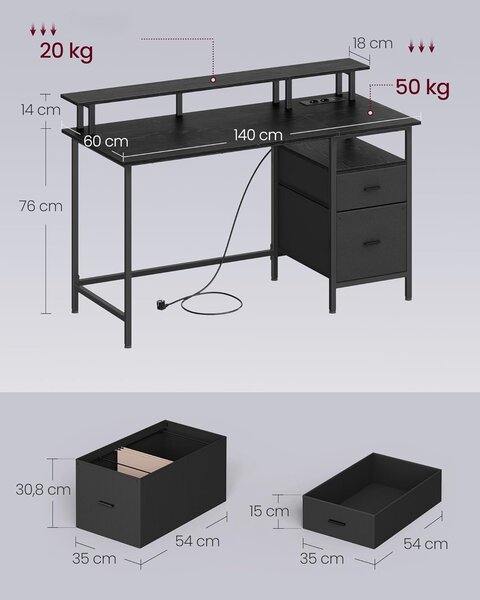 SONGMICS Psací stůl s nabíjecí stanicí Vasagle Unos 140 cm černý