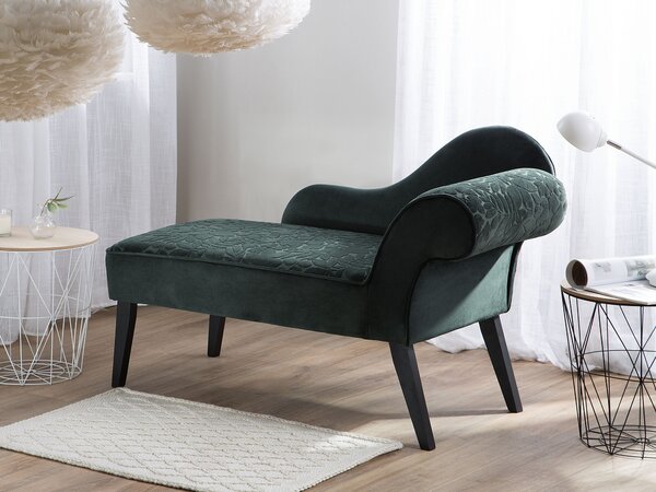 Leňoška zelená zamatová čalúnená tmavé drevené nohy pravostranná retro elegantný dizajn