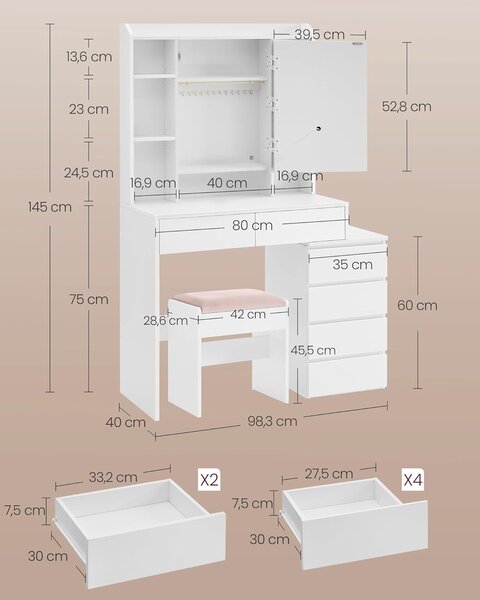 SONGMICS Toaletní stolek s LED osvětlením a taburetem Vasagle Ginny 98 cm bílý