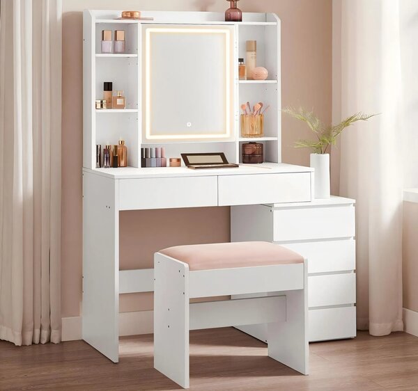 SONGMICS Toaletní stolek s LED osvětlením a taburetem Vasagle Ginny 98 cm bílý