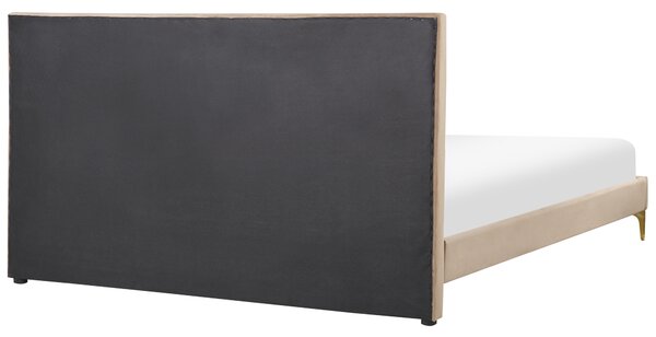 Rám postele 160 x 200 cm sivobéžové zamatové čalúnenie s čelom zlaté nohy spálňa moderný glamour štýl