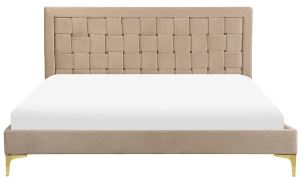 Rám postele 160 x 200 cm sivobéžové zamatové čalúnenie s čelom zlaté nohy spálňa moderný glamour štýl