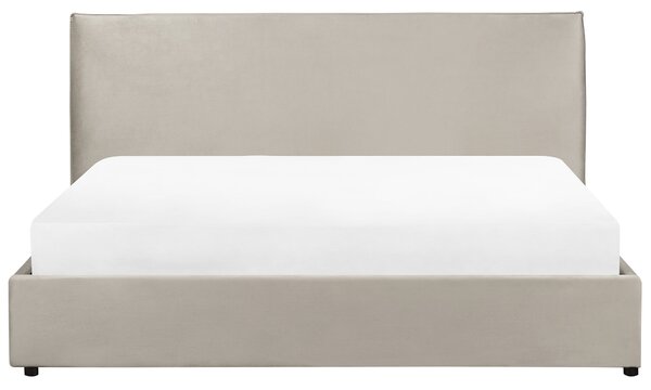 Posteľ s úložným priestorom sivobéžová zamatové čalúnenie 180 x 200 cm klasické čelo drevené lamely spálňa