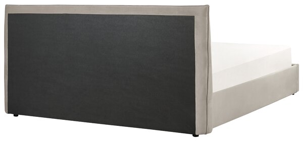 Posteľ s úložným priestorom sivobéžová zamatové čalúnenie 180 x 200 cm klasické čelo drevené lamely spálňa