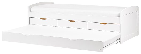 Rozkladacia posteľ biela borovicové drevo 90 x 200 cm s výsuvným lôžkom úložný priestor zásuvky detská izba spálňa
