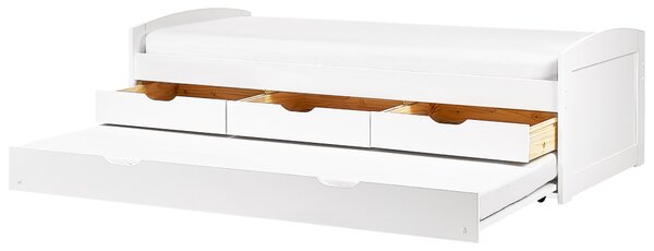 Rozkladacia posteľ biela borovicové drevo 90 x 200 cm s výsuvným lôžkom úložný priestor zásuvky detská izba spálňa