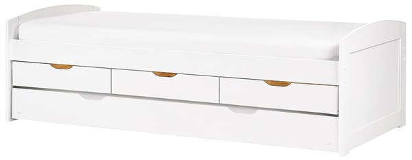 Rozkladacia posteľ biela borovicové drevo 90 x 200 cm s výsuvným lôžkom úložný priestor zásuvky detská izba spálňa