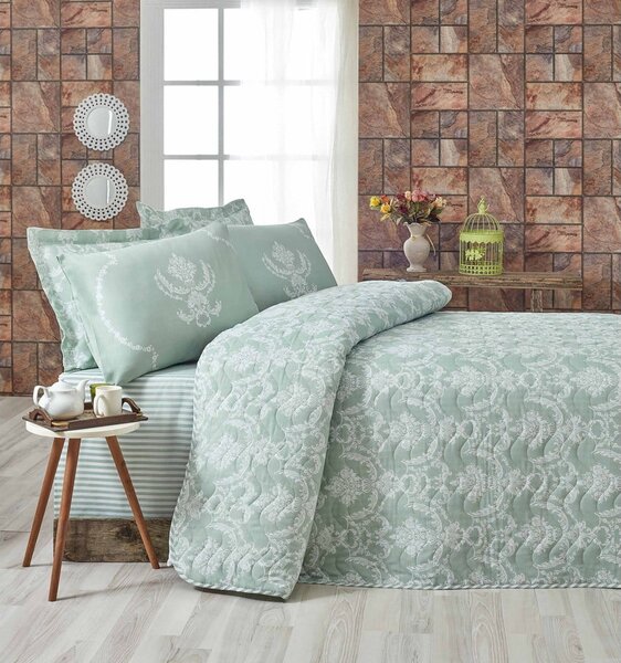 Set prešívaného plédu a 2 obliečok na vankúše Mijolnir Pure Water Green, 200 x 220 cm