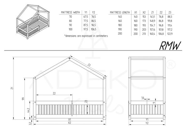 Domčeková detská posteľ z borovicového dreva v prírodnej farbe 90x200 cm Mila RMW – Adeko