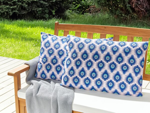 Sada 2 záhradných vankúšov modrá a ružová so vzorom pávieho peria polyester 40 x 60 cm moderné vodoodolné vankúše