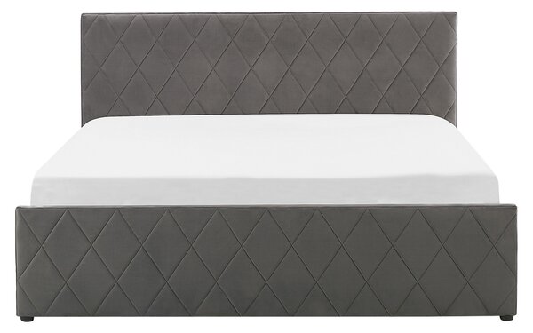 Posteľ s úložným priestorom sivá zamat 160 x 200 cm prešívané čalúnenie s čelom lamelový rošt moderný štýl spálňa