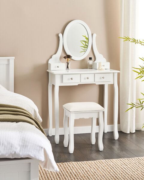Toaletný stolík biely MDF masívne drevo 140 x 80 cm 5 zásuviek oválne zrkadlo taburetka nábytok do spálne