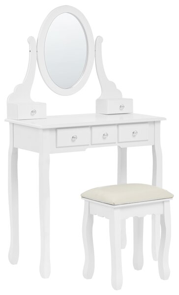 Toaletný stolík biely MDF masívne drevo 140 x 80 cm 5 zásuviek oválne zrkadlo taburetka nábytok do spálne