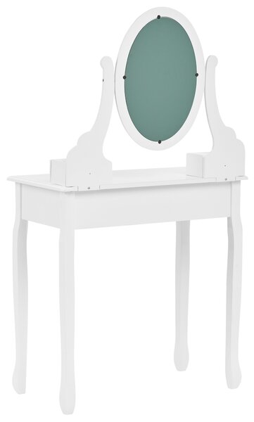 Toaletný stolík biely MDF masívne drevo 140 x 80 cm 5 zásuviek oválne zrkadlo taburetka nábytok do spálne